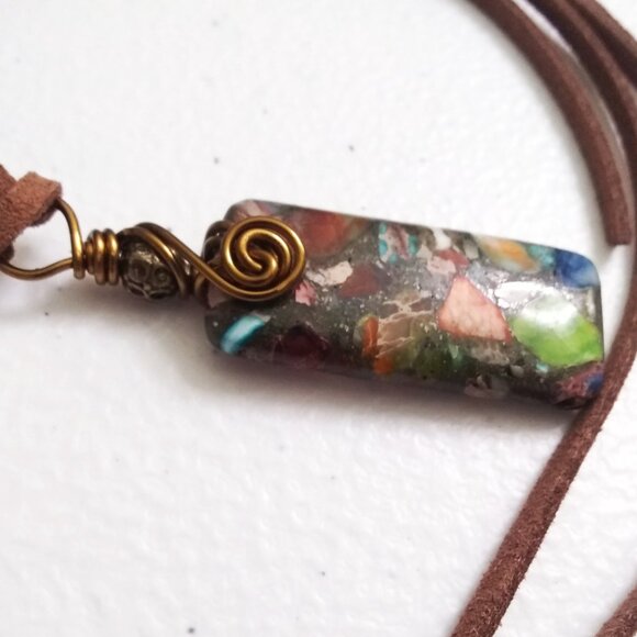 Woodland Green! Wire Wrapped Sea Sediment Jasper Pendant! Perfect Fall Colors! - Picture 2 of 6